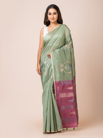 KAVVYA Soft & Lightweight mint greencolor benarasi handloom linen weaving silk saree