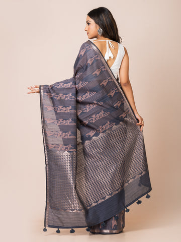 KAVVYA Soft & lightweight charcoal grey color benarsi handloom linen weaving silk saree