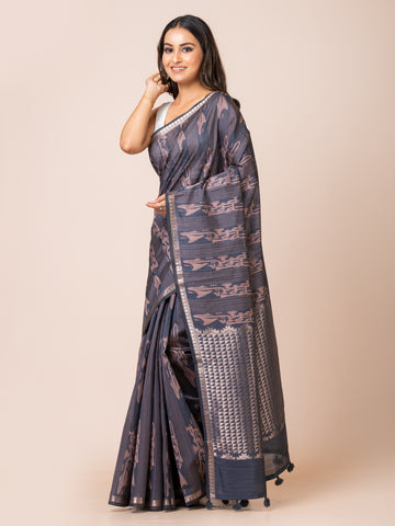 KAVVYA Soft & lightweight charcoal grey color benarsi handloom linen weaving silk saree