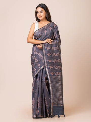 KAVVYA Soft & lightweight charcoal grey color benarsi handloom linen weaving silk saree