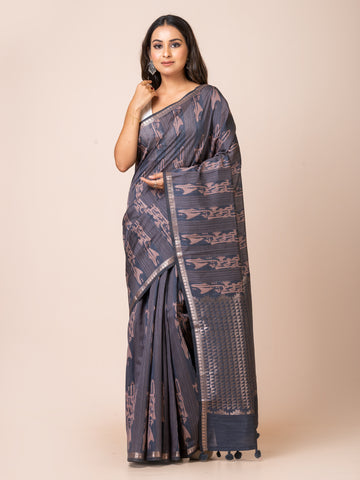 KAVVYA Soft & lightweight charcoal grey color benarsi handloom linen weaving silk saree