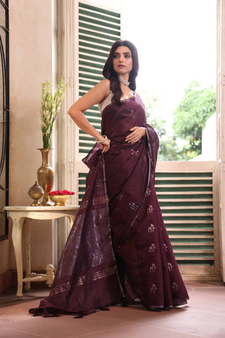 KAVVYA SOFT & LIGHT WEIGHT WINE HANDLOOM WEAVED TUSSAR SAREE WITH BEAUTIFUL MOTIF ALLOVER THE SAREE IN SILVER AND GOLDEN ZARI COMES WITH SAME COLOUR BLOUSE