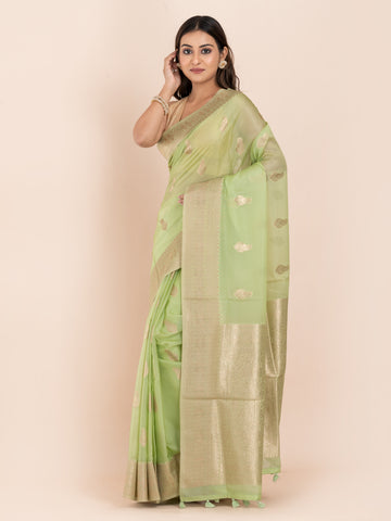 KAVVYA SOFT & LIGHT WEIGHT MINT GREEN BANARASI SILK SAREE