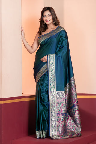 KAVVYA SOFT & LIGHT WEIGHT  SILK BLUE SAREE WITH BEAUTIFUL WEAVES IN BORDER AND PALLU WITH MULTICOLOUR RESHAM COMES WITH HEAVY SILK BLOUSE WITH HEAVY WEAVES