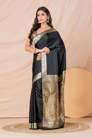 KAVVYA SOFT & LIGHT WEIGHT  SILK BLACK SAREE WITH BEAUTIFUL WEAVES IN BORDER AND PALLU WITH MULTICOLOUR RESHAM COMES WITH HEAVY SILK BLOUSE WITH HEAVY WEAVES