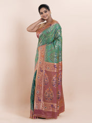 KAVVYA SOFT & LIGHT WEIGHT TWO TONE GREEN IKAT SILK SAREE