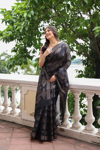 KAVVYA SOFT & LIGHT WEIGHT BLACK HANDLOOM TUSSAR SILK SAREE WITH BEAUTIFUL ABSTRACK TEMPLE MOTIF ALL OVER THE SAREE WITH HEAVY PALLU N BLOUSE