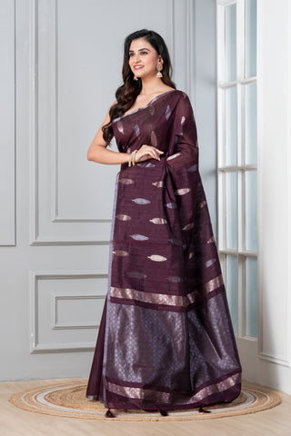 KAVVYA SOFT & LIGHT WEIGHT WINE HANDLOOM TUSSAR SAREE WITH SMALL GOLDEN N SILVER ZARI LEAF MOTIFS ALLOVER THE SAREE COMES WITH HEAVY PALLU AND SAME COLOUR BLOUSE