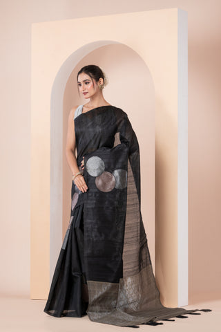 KAVVYA SOFT & LIGHT WEIGHT BLACK HANDLOON TUSSAR SILK SAREE WITH BEAUTIFUL GEOMETRIC ROUND MOTIFS IN THE BODY COMES WITH CONTRAST PALLU N BLOUSE