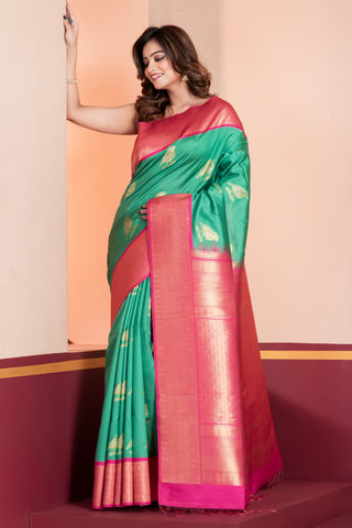 KAVVYA SOFT & LIGHT WEIGHT GREEN SILK SAREE WITH BEAUTIFUL BIRD MOTIFS COMES WITH CONTRAST RANI HEAVY WEAVING BORDER AND PALLU