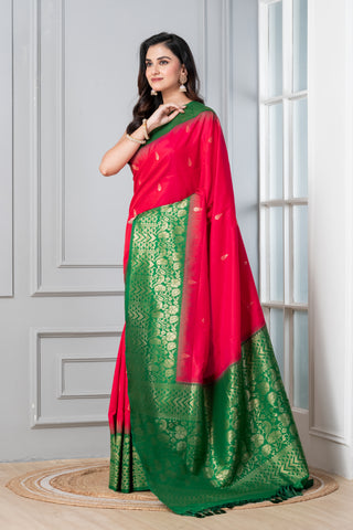 KAVVYA SOFT & LIGHT WEIGHT ROSE PINK SILK SAREE WITH CONTRAST GREEN BORDER