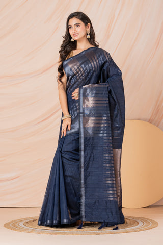 KAVVYA SOFT & LIGHT WEIGHT NAVY BLUE HANDLOOM  ROSE GOLD ZARI WEAVING SAREE IN TUSSAR FABRIC WITH BIG TEMPLE  MOTIFS ALLOVER THE SAREE