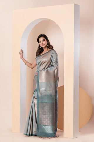 KAVVYA SOFT & LIGHT WEIGHT BLUR SILK SAREE WITH BEAUTIFUL GOLDEN AND SILVER ZARI WEAVING ABSTRACK MOTIFS ALL OVER THE SAREE WITH CONTRAST PURPLE BORDER AND PALLU COMES WITH PURPLE COLOUR BLOUSE