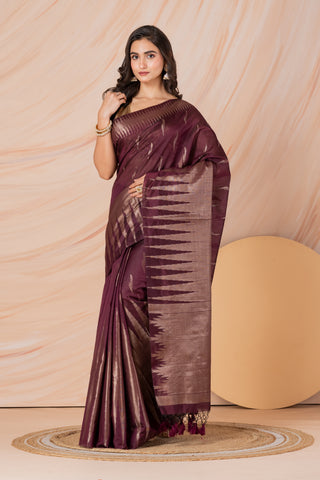 KAVVYA SOFT & LIGHT WEIGHT WINEHANDLOOM WEAVING LINEN SAREE WITH SILK ZARI WEAVING TEMPLE DESIGN ALL OVER THE SAREE WITH SAME COLOUR BLOUSE