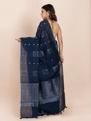 KAVVYA SOFT & LIGHT WEIGHT NAVY BLUE HANDLOOM LINEN SAREE