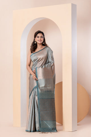 KAVVYA SOFT & LIGHT WEIGHT BLUR SILK SAREE WITH BEAUTIFUL GOLDEN AND SILVER ZARI WEAVING ABSTRACK MOTIFS ALL OVER THE SAREE WITH CONTRAST PURPLE BORDER AND PALLU COMES WITH PURPLE COLOUR BLOUSE