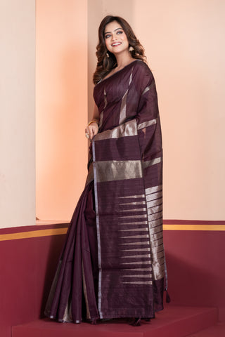 KAVVYA SOFT & LIGHT WEIGHT WINE HANDLOOM  ROSE GOLD ZARI WEAVING SAREE IN TUSSAR FABRIC WITH BIG TEMPLE  MOTIFS ALLOVER THE SAREE