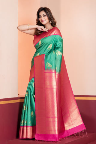 KAVVYA SOFT & LIGHT WEIGHT GREEN SILK SAREE WITH BEAUTIFUL BIRD MOTIFS COMES WITH CONTRAST RANI HEAVY WEAVING BORDER AND PALLU