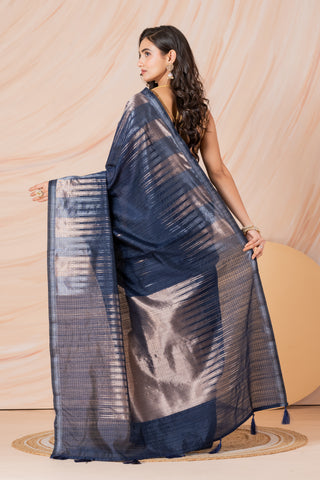 KAVVYA SOFT & LIGHT WEIGHT NAVY BLUE HANDLOOM  ROSE GOLD ZARI WEAVING SAREE IN TUSSAR FABRIC WITH BIG TEMPLE  MOTIFS ALLOVER THE SAREE