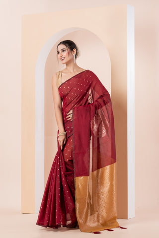 KAVVYA SOFT & LIGHT WEIGHT RED HANDLOOM  GOLDEN ZARI WEAVING SAREE IN TUSSAR FABRIC WITH BEAUTIFUL SMALL FLORAL MOTIFS ALLOVER THE SAREE COMES WITH BEAUTIFUL BIG MOTIF IN PALLU