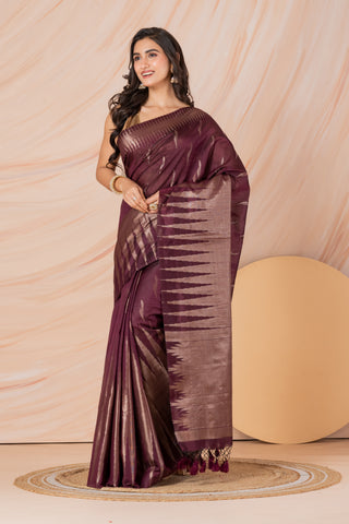 KAVVYA SOFT & LIGHT WEIGHT WINEHANDLOOM WEAVING LINEN SAREE WITH SILK ZARI WEAVING TEMPLE DESIGN ALL OVER THE SAREE WITH SAME COLOUR BLOUSE