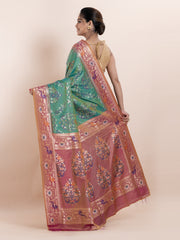 KAVVYA SOFT & LIGHT WEIGHT TWO TONE GREEN IKAT SILK SAREE