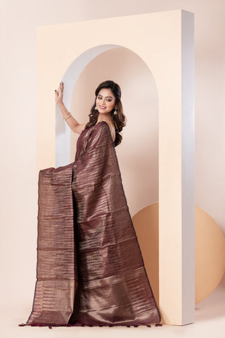 KAVVYA SOFT & LIGHT WEIGHT   WINE HANDLOOM SAREE WITH ALLOVER GOLDEN ZARI TEMPLE MOTIFS