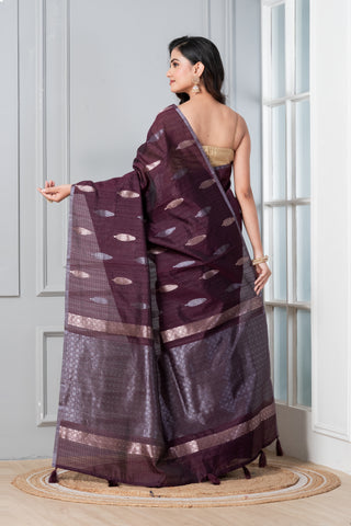 KAVVYA SOFT & LIGHT WEIGHT WINE HANDLOOM TUSSAR SAREE WITH SMALL GOLDEN N SILVER ZARI LEAF MOTIFS ALLOVER THE SAREE COMES WITH HEAVY PALLU AND SAME COLOUR BLOUSE