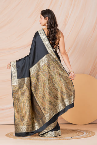 KAVVYA SOFT & LIGHT WEIGHT  SILK BLACK SAREE WITH BEAUTIFUL WEAVES IN BORDER AND PALLU WITH MULTICOLOUR RESHAM COMES WITH HEAVY SILK BLOUSE WITH HEAVY WEAVES