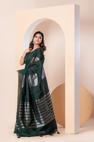 KAVVYA SOFT & LIGHT WEIGHT DARK GREEN HANDLOOM WEAVED TUSSAR SAREE WITH BEAUTIFUL GEMOTRIC FIGURES IN THE SAREE SAME COLOUR BLOUSE AND HEAVY PALLU