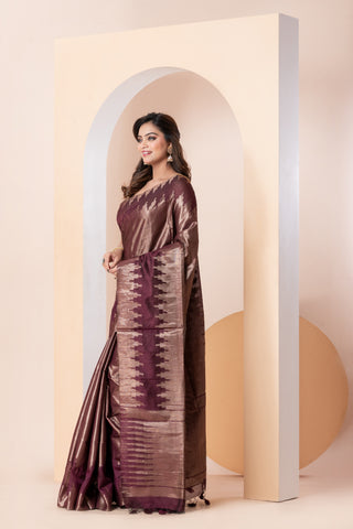 KAVVYA SOFT & LIGHT WEIGHT WINE HANDLOOM SAREE WITH ALLOVER GOLDEN ZARI WEAVING ,BIG TEMPLE BORDER AND PALLU COMES WITH SAME COLOUR HEAVY BLOU