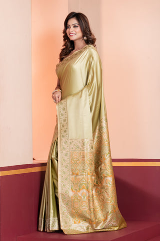KAVVYA SOFT & LIGHT WEIGHT  SILK MINT GREEN SAREE WITH BEAUTIFUL WEAVES IN BORDER AND PALLU WITH MULTICOLOUR RESHAM COMES WITH HEAVY SILK BLOUSE WITH HEAVY WEAVES