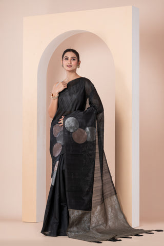 KAVVYA SOFT & LIGHT WEIGHT BLACK HANDLOON TUSSAR SILK SAREE WITH BEAUTIFUL GEOMETRIC ROUND MOTIFS IN THE BODY COMES WITH CONTRAST PALLU N BLOUSE