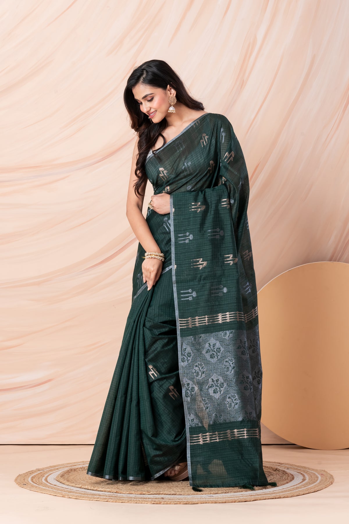 KAVVYA SOFT & LIGHT WEIGHT DARK GREEN HANDLOOM WEAVED TUSSAR SAREE WITH BEAUTIFUL MOTIF ALLOVER THE SAREE IN SILVER AND GOLDEN ZARI COMES WITH SAME COLOUR BLOUSE