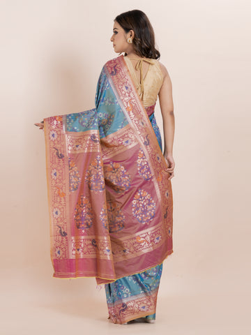 KAVVYA SOFT & LIGHT WEIGHT TWO TONE GREEN IKAT SILK SAREE