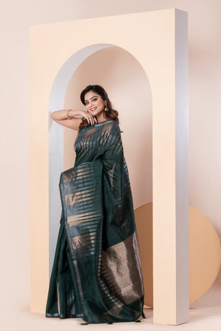 KAVVYA SOFT & LIGHT WEIGHT DARK GREEN HANDLOOM  ROSE GOLD ZARI WEAVING SAREE IN TUSSAR FABRIC WITH BIG TEMPLE  MOTIFS ALLOVER THE SAREE