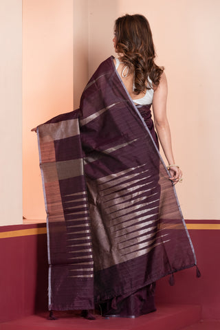 KAVVYA SOFT & LIGHT WEIGHT WINE HANDLOOM  ROSE GOLD ZARI WEAVING SAREE IN TUSSAR FABRIC WITH BIG TEMPLE  MOTIFS ALLOVER THE SAREE