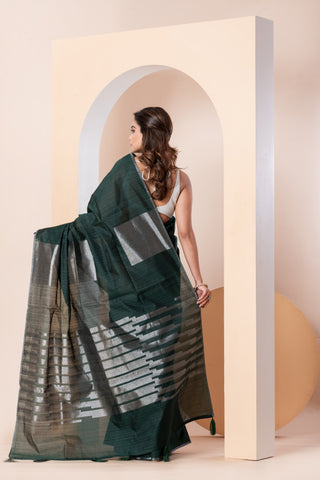 KAVVYA SOFT & LIGHT WEIGHT DARK GREEN HANDLOOM WEAVED TUSSAR SAREE WITH BEAUTIFUL GEMOTRIC FIGURES IN THE SAREE SAME COLOUR BLOUSE AND HEAVY PALLU