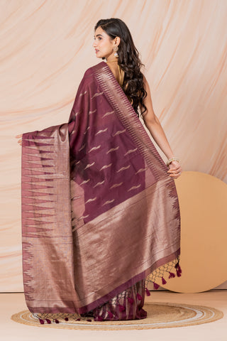 KAVVYA SOFT & LIGHT WEIGHT WINEHANDLOOM WEAVING LINEN SAREE WITH SILK ZARI WEAVING TEMPLE DESIGN ALL OVER THE SAREE WITH SAME COLOUR BLOUSE