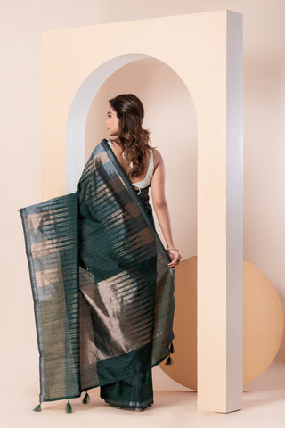 KAVVYA SOFT & LIGHT WEIGHT DARK GREEN HANDLOOM  ROSE GOLD ZARI WEAVING SAREE IN TUSSAR FABRIC WITH BIG TEMPLE  MOTIFS ALLOVER THE SAREE