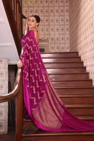 KAVVYA SOFT & LIGHT WEIGHT WINE CRAPE SAREE WITH ALL OVER GOLDEN ZARI WEAVING COMES WITH SATIN BORDER AND BEAUTIFUL ZARI WEAVED BLOUSE