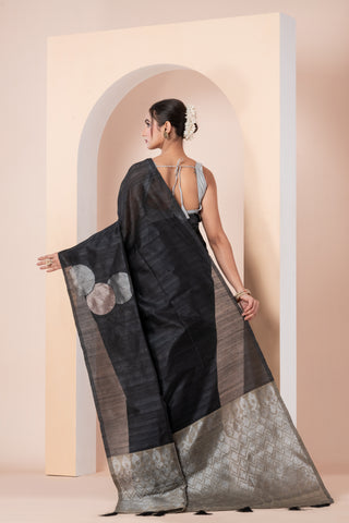 KAVVYA SOFT & LIGHT WEIGHT BLACK HANDLOON TUSSAR SILK SAREE WITH BEAUTIFUL GEOMETRIC ROUND MOTIFS IN THE BODY COMES WITH CONTRAST PALLU N BLOUSE