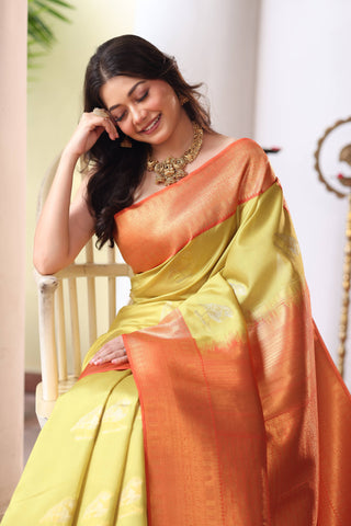 KAVVYA SOFT & LIGHT WEIGHT GREEN SILK SAREE WITH BEAUTIFUL BIRD MOTIFS COMES WITH CONTRAST ORANGE HEAVY WEAVING BORDER AND PALLU