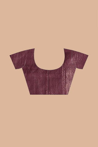 KAVVYA SOFT & LIGHT WEIGHT WINE HANDLOOM SILK GOLDEN ZARI WEAVING SAREE IN TUSSAR FABRIC WITH BEAUTIFUL GEOMETRIC DESIGN ALLOVER THE SAREE COMES WITH BEAUTIFUL WINE HEAVY WEAVING BLOUSE