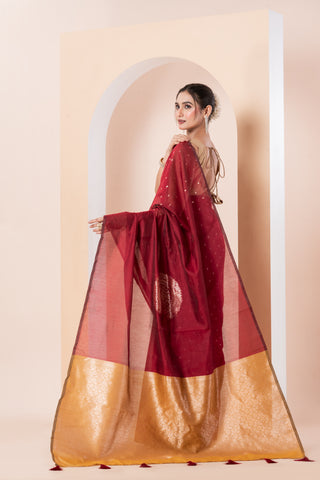KAVVYA SOFT & LIGHT WEIGHT RED HANDLOOM  GOLDEN ZARI WEAVING SAREE IN TUSSAR FABRIC WITH BEAUTIFUL SMALL FLORAL MOTIFS ALLOVER THE SAREE COMES WITH BEAUTIFUL BIG MOTIF IN PALLU