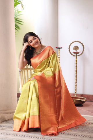 KAVVYA SOFT & LIGHT WEIGHT GREEN SILK SAREE WITH BEAUTIFUL BIRD MOTIFS COMES WITH CONTRAST ORANGE HEAVY WEAVING BORDER AND PALLU