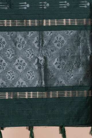 KAVVYA SOFT & LIGHT WEIGHT DARK GREEN HANDLOOM WEAVED TUSSAR SAREE WITH BEAUTIFUL MOTIF ALLOVER THE SAREE IN SILVER AND GOLDEN ZARI COMES WITH SAME COLOUR BLOUSE