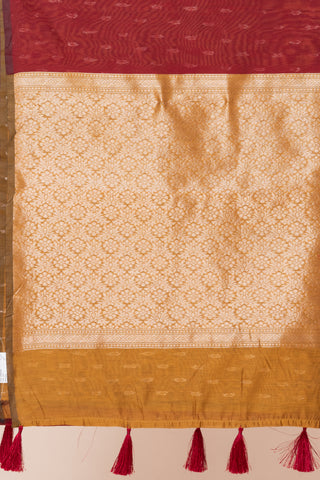 KAVVYA SOFT & LIGHT WEIGHT RED HANDLOOM  GOLDEN ZARI WEAVING SAREE IN TUSSAR FABRIC WITH BEAUTIFUL SMALL FLORAL MOTIFS ALLOVER THE SAREE COMES WITH BEAUTIFUL BIG MOTIF IN PALLU