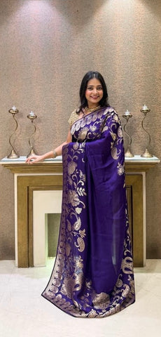 Premium Purple saree adorned with intricate gold floral patterns
