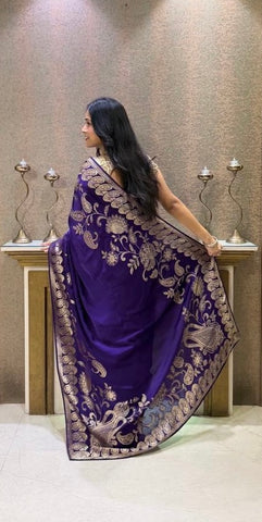 Premium Purple saree adorned with intricate gold floral patterns